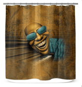 Elegant shower curtain with reflective design.